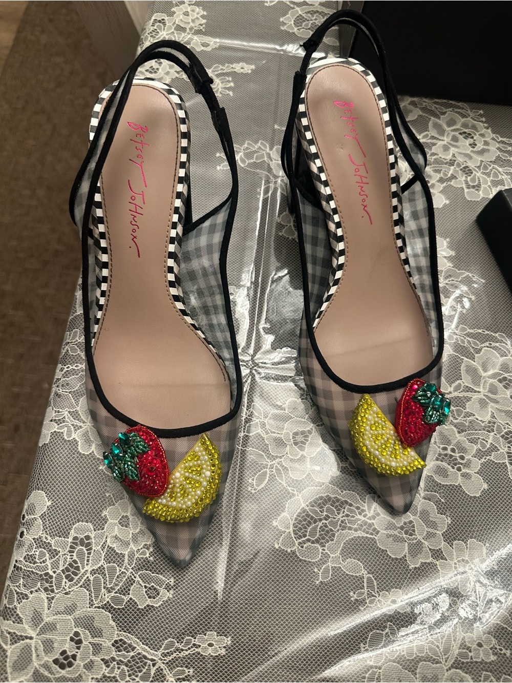Betsey Johnson Black Gingham Slingback Mules with Beaded Fruit Appliqués